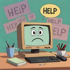 Szomorú arcú régi számítógép, körülötte „HELP” feliratok