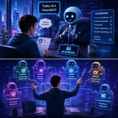 AI HR-menedzser robot állásinterjút tart egy fejlesztővel, alatta egy fejlesztő több AI-asszisztenst irányít