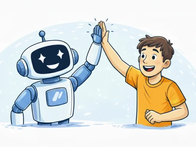 Egy mosolygó robot és egy ember pacsizik