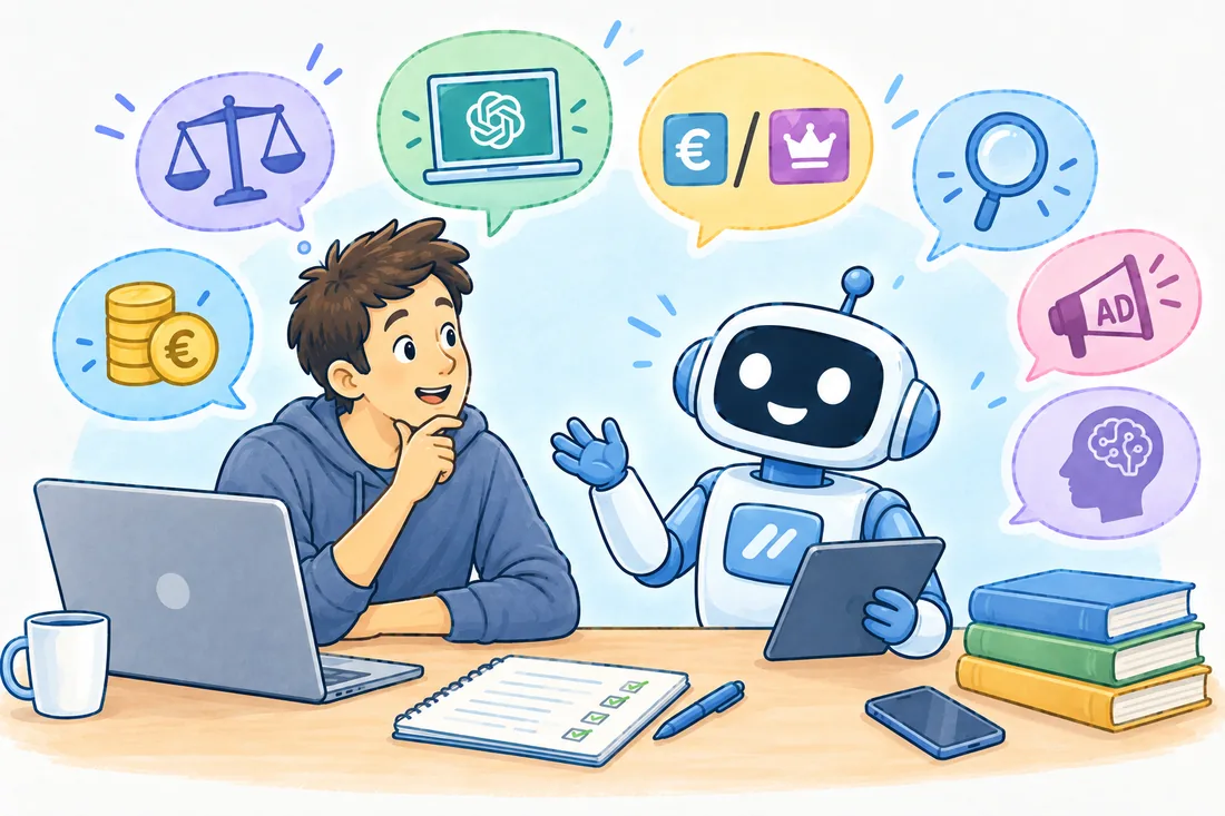 Egy ember és egy barátságos robot együtt gondolkodik az asztalnál, körülöttük az AI-használat témái